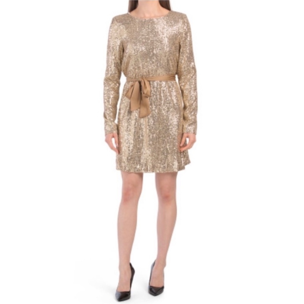 NEW RAMY BROOK Gold Sequin Long-Sleeve Helen Dress with Belt
